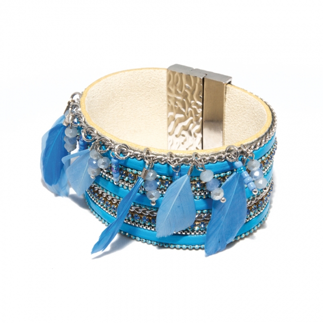Bracelet manchette bleu avec des plumes