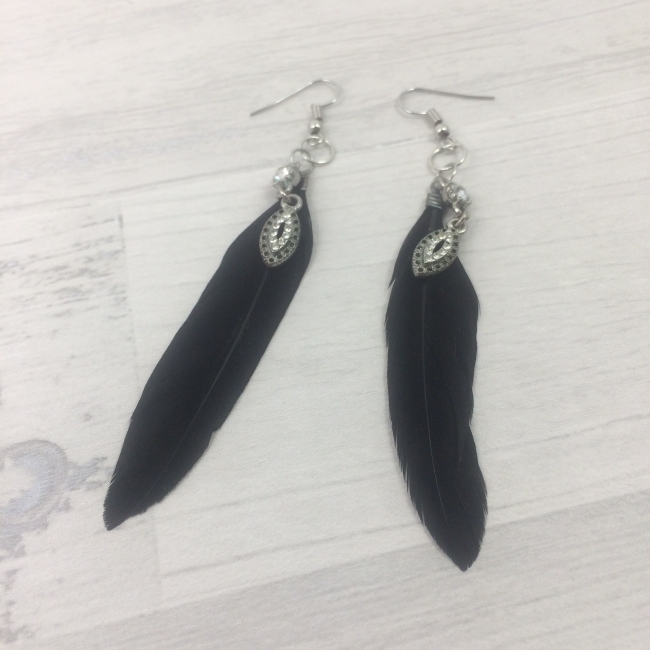 Boucles d'oreilles plumes noires et strass