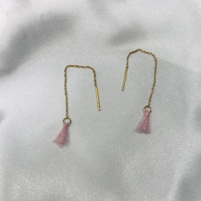 Boucles d'oreilles en acier doré, pompon rose