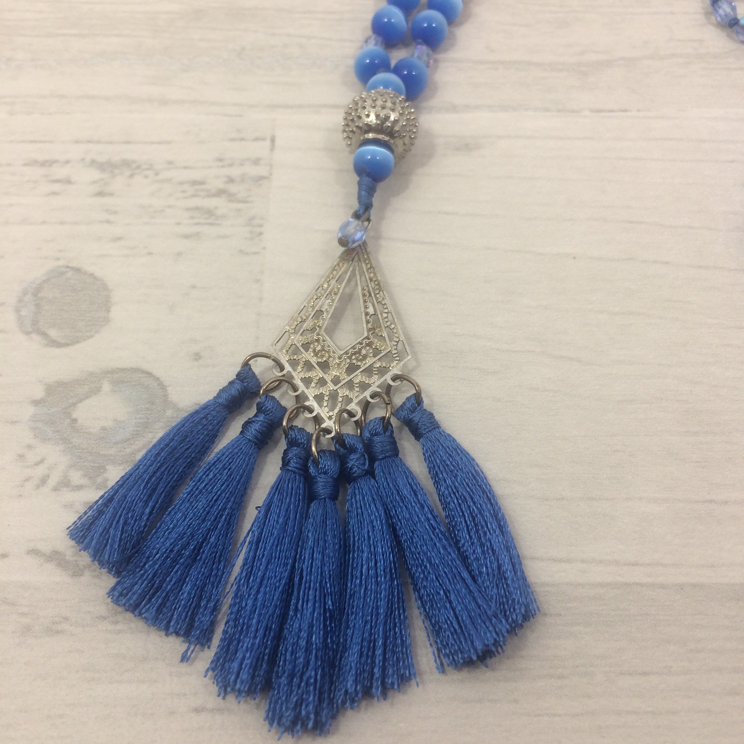 Collier Fantaisie Style Tibétain - Perles Bleues Et Marron - Poids 62g - Réf. W915 - Occasion