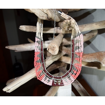 Collier de perles bleues et marron, métal argenté