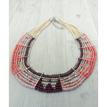 Collier de perles bleues et marron, métal argenté
