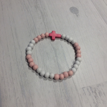 Bracelet perles de bois roses et blanches