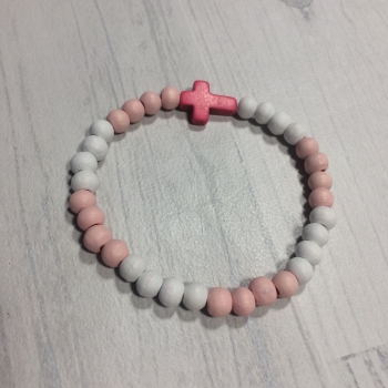 Bracelet perles de bois roses et blanches