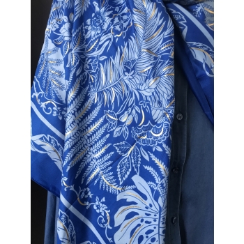 Foulard bleu feuilles et dorure métal