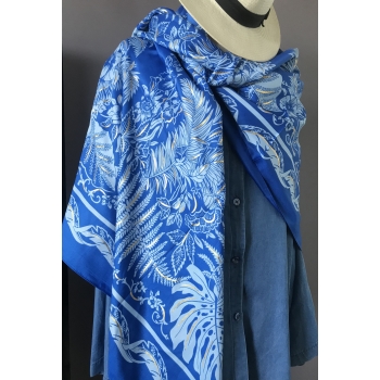 Foulard bleu feuilles et dorure métal