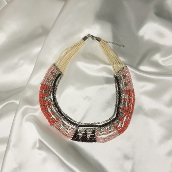 Collier de perles bleues et marron, métal argenté