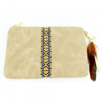Pochette KIM & ZOZI beige en simili daim avec plumes